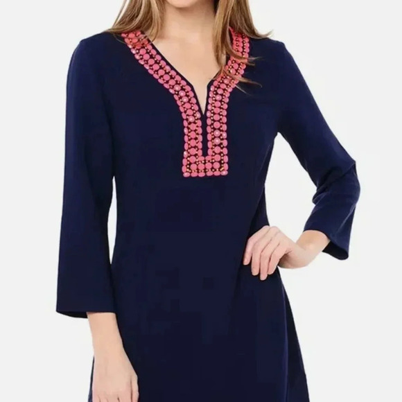 Lilly Pulitzer "Bennett" navy coral lined fitted dress  with beaded neckline - Picture 10 of 10